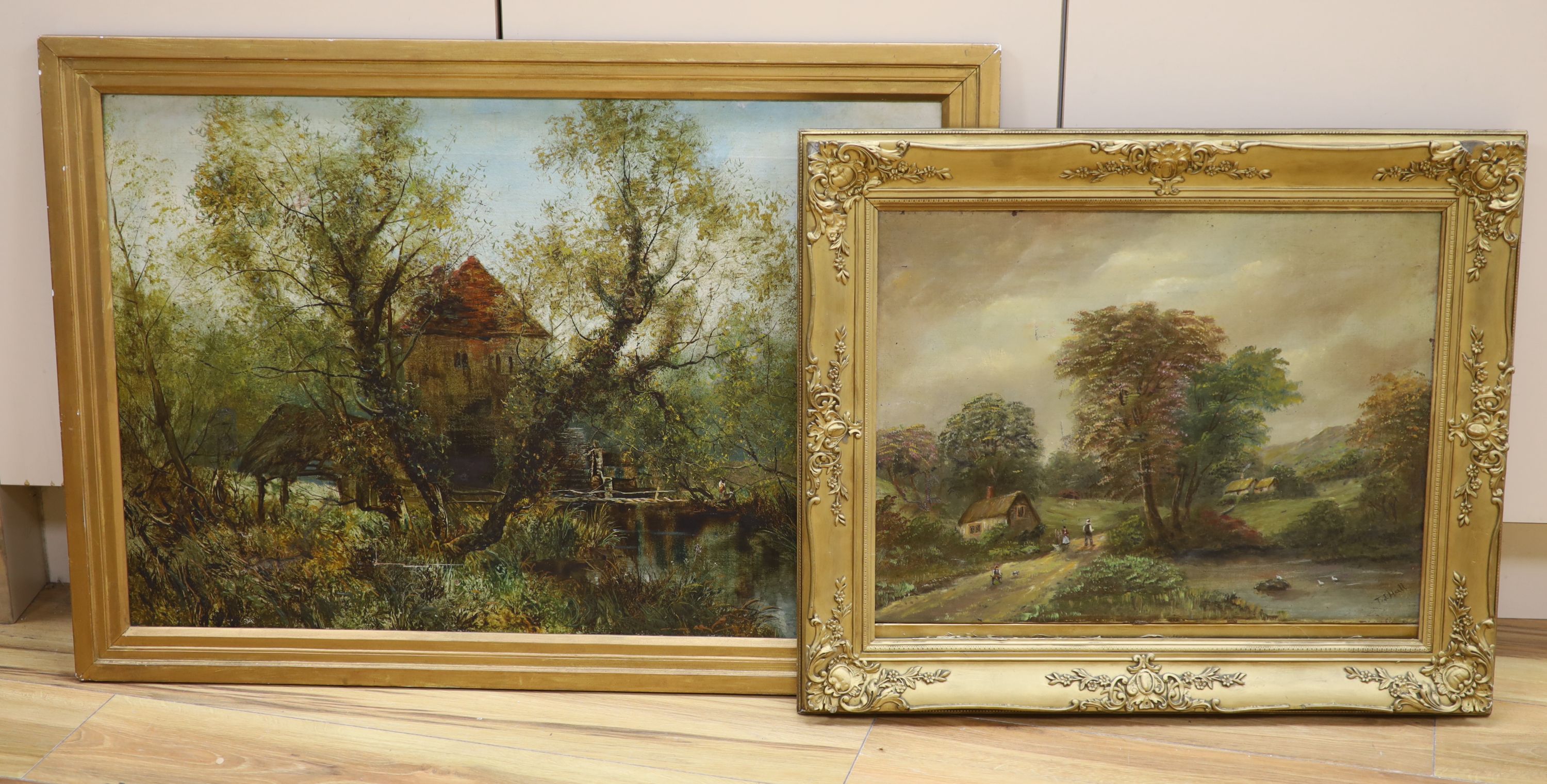 English School c.1900, oil on canvas, Study of a watermill, 50 x 75cm and an oil of figures in a landscape